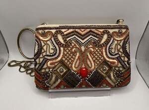 La Sera by Franchi Paisley Beaded Clutch Pouch with Metal Ring Handle